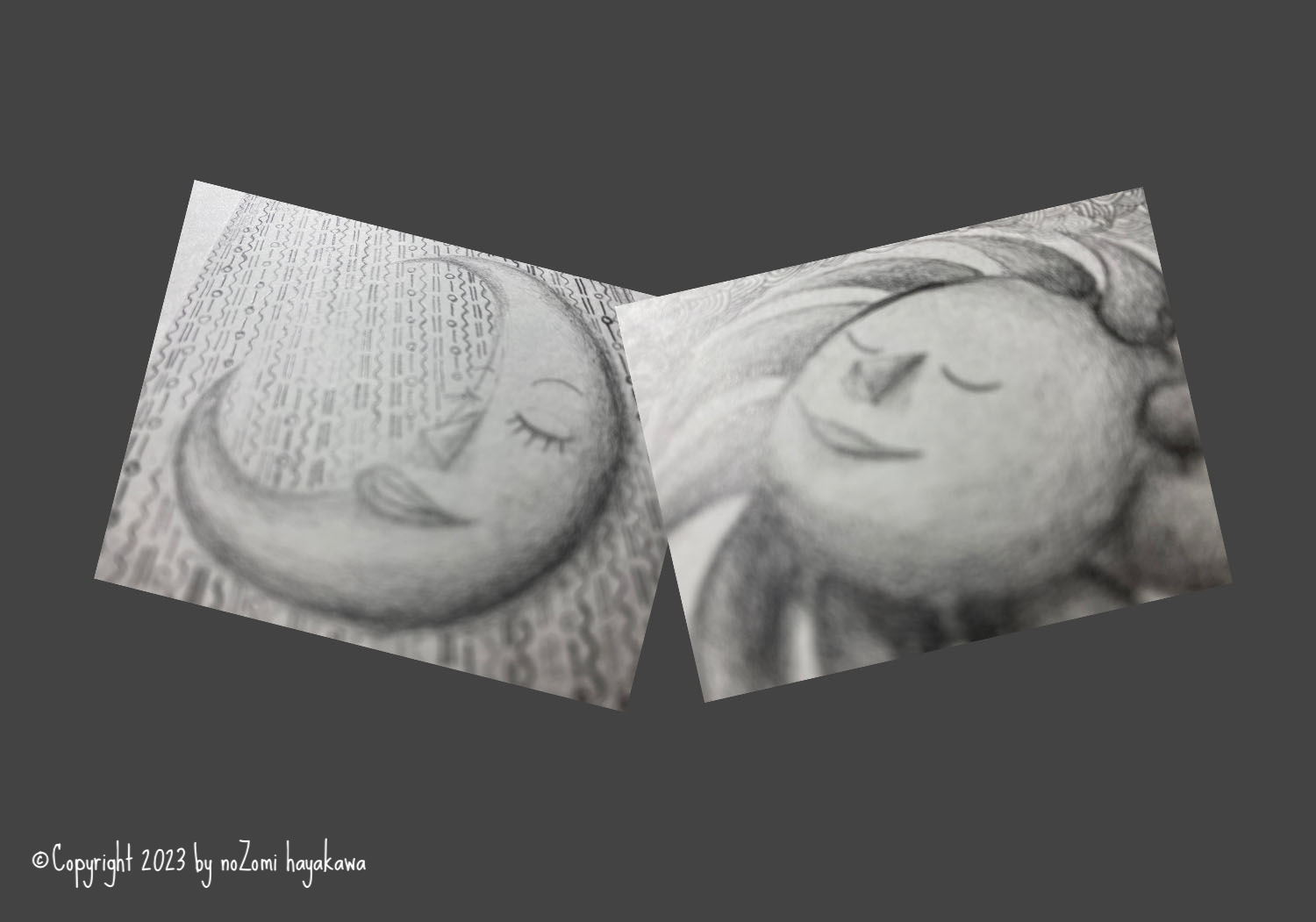 モノクロームの世界。鉛筆画の太陽と月：個展New Beginningsより